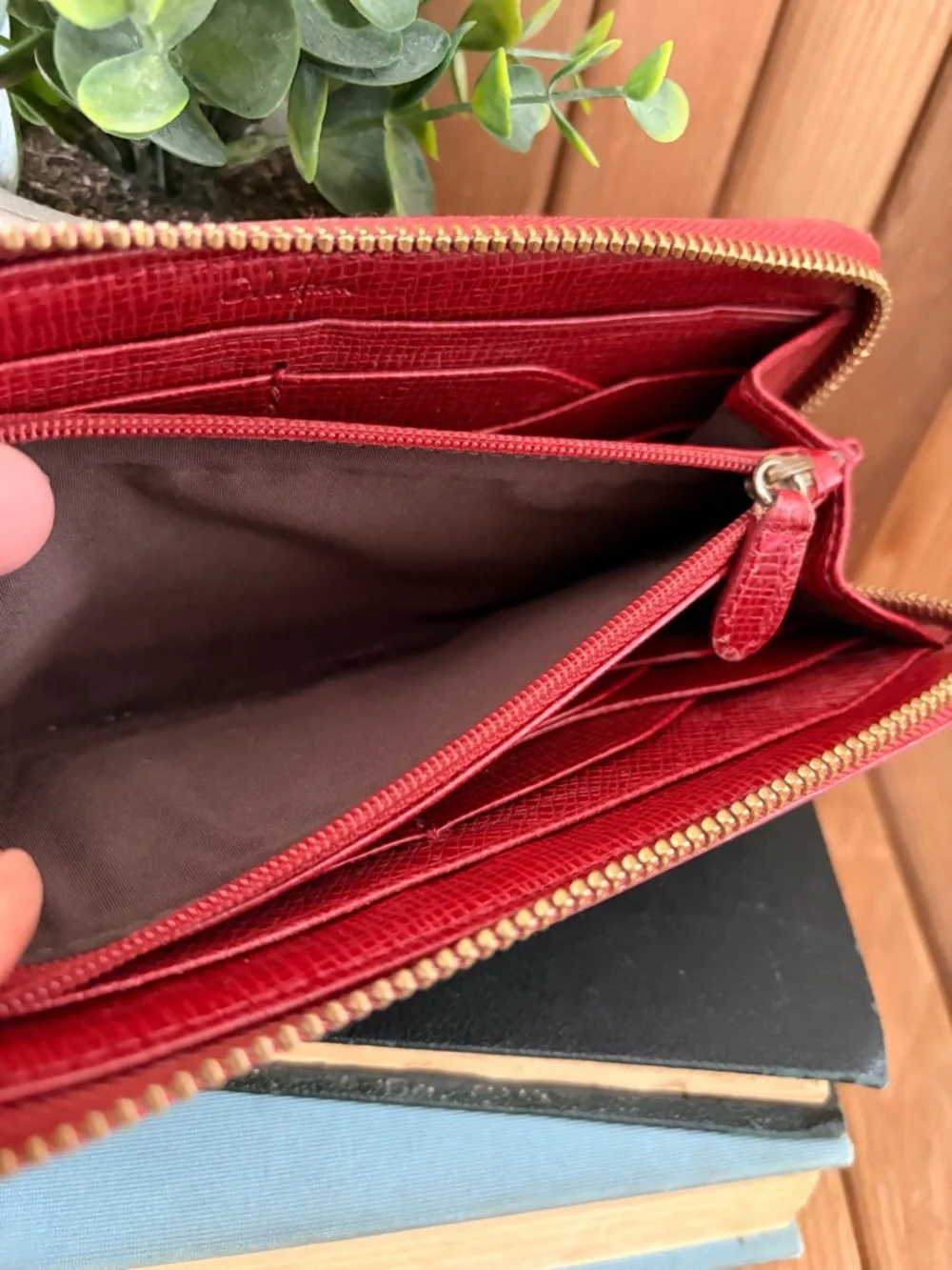 Cole Haan Red Leather Zip Around Wallet Organizer Gold Hardware